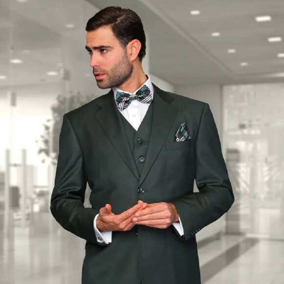 Mens Classic Fit Pleated Pant 2 Button Wool Suit in Hunter Green - Picture 1 of 2